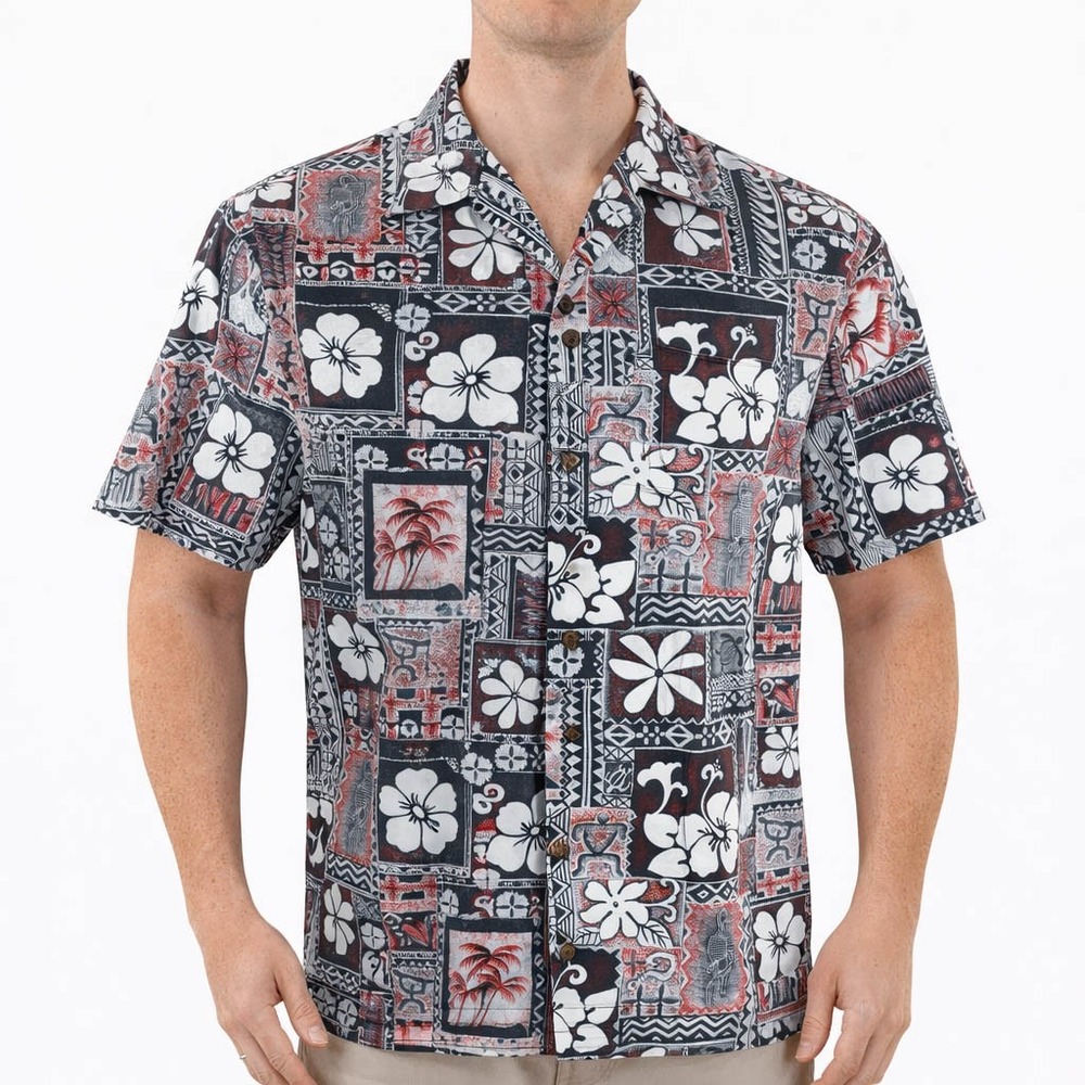 Royal Creations Hawaiian Aloha Shirt Large‎ Floral Tribal Turtles Oars Hooks
